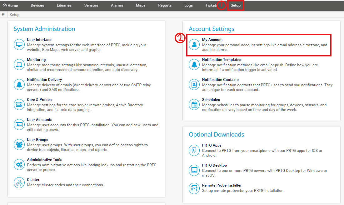PRTG Setup 화면에서 Account Settings의 My Account 위치
